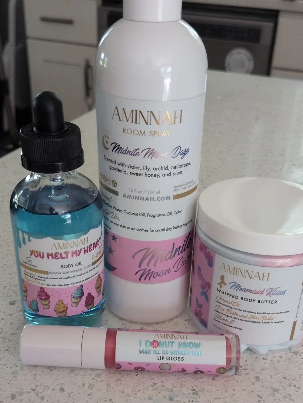 AMINNAH Midnite Moon Daze Room Spray, Body Oil , Lip Gloss Body Butter Bundle